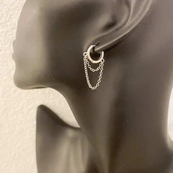 925 Sterling Silver Huggie Earrings Dangle Chain Earrings Small Hoops Huggies - Picture 5 of 7